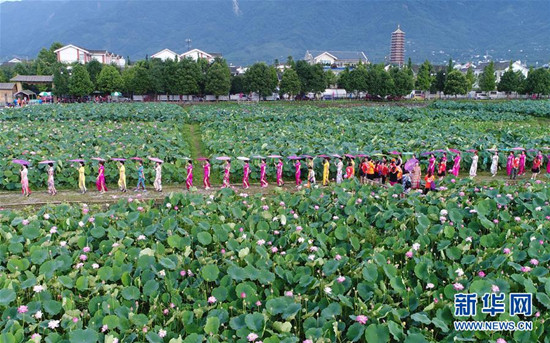 旗袍爱好者在四川省绵竹市九龙镇新龙村荷塘参加旗袍走秀 旗袍爱好者在四川省绵竹市九龙镇新龙村荷塘参加旗袍走秀