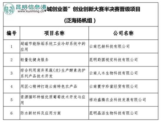 第二届“春城创业荟”创业创新大赛半决赛晋级项目