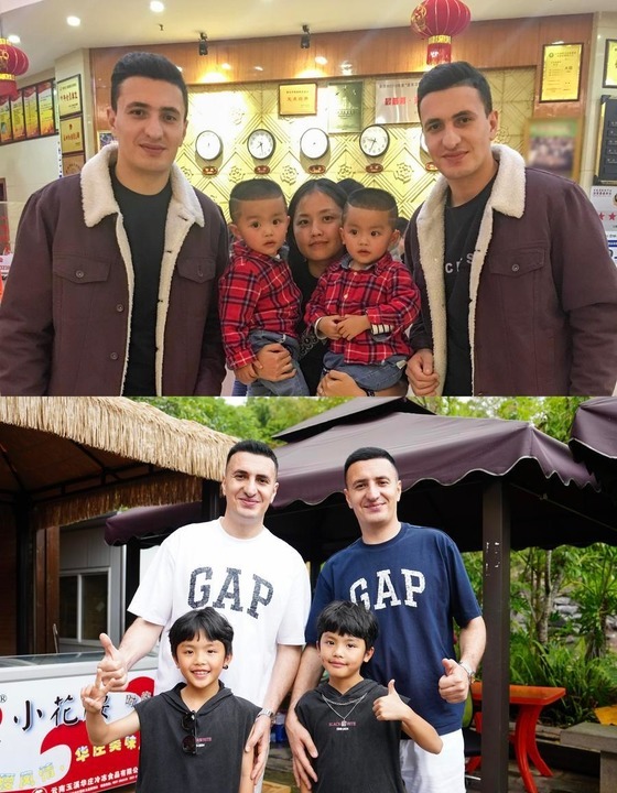 Combo photo shows group photos of twins Han Shang, Hu Sheng and twins Di Zhentong, Di Zhencheng from Kunming in 2019 (above, photo by Xinhua) and May 1, 2026 (below, photo by Xinhua photographer Chen Xinbo) in Mojiang Hani Autonomous County, southwest China's Yunnan province. (Xinhua) 1d5db248a0bf202da38e823fc1adbf46.jpeg