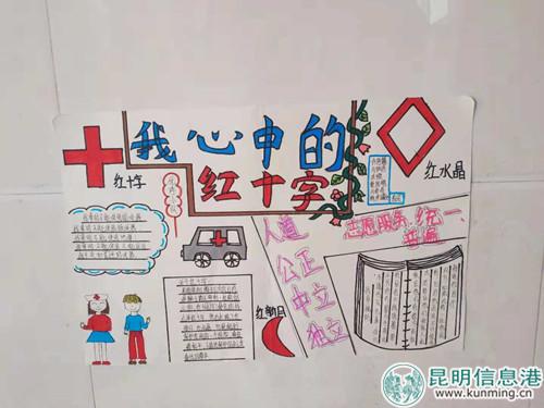 教室一角，学生手绘作品“我心中的红十字”