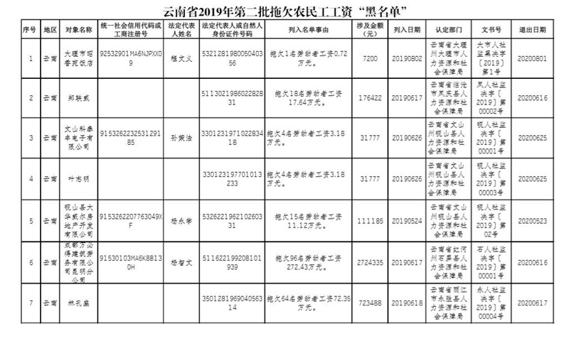 云南省2019年第二批拖欠农民工工资“黑名单”1