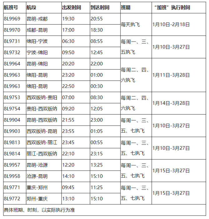 春运“加班”航班时刻表