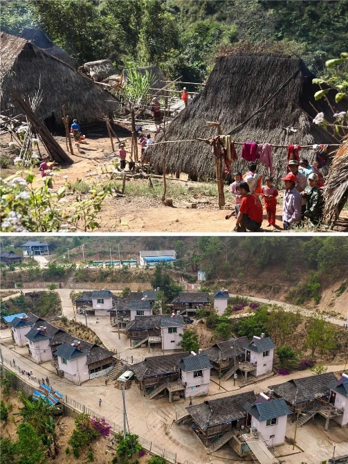 拼版照片,上图为:曼班三队村民搬迁前居住的茅草房(资料照片);下图为:4月9日拍摄的曼班三队的村容村貌(新华社记者胡超摄)。新华社发