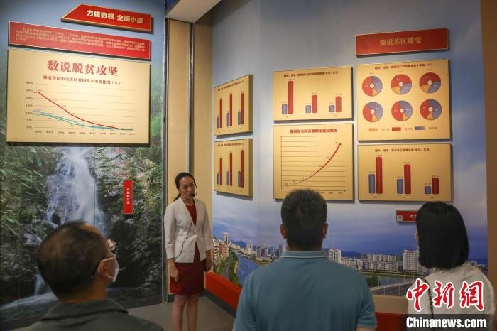 图为讲解员在给几位参观者介绍“数说苏区蝶变”部分的展览内容。　刘力鑫 摄