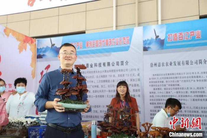 杜健在现场帮种植户推销灵芝盆景。 顾士刚 摄 杜健在现场帮种植户推销灵芝盆景。 顾士刚 摄