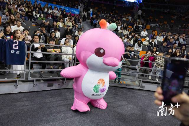11月4日,十五运会男篮成年组小组赛,东道主广东队首次亮相,赛前吉祥物“乐融融”在观众席前起舞。梁钜聪 摄