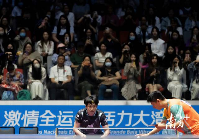 11月10日,全运会乒乓球男子单打比赛,观众在球员发球前暂停助威。董天健 摄